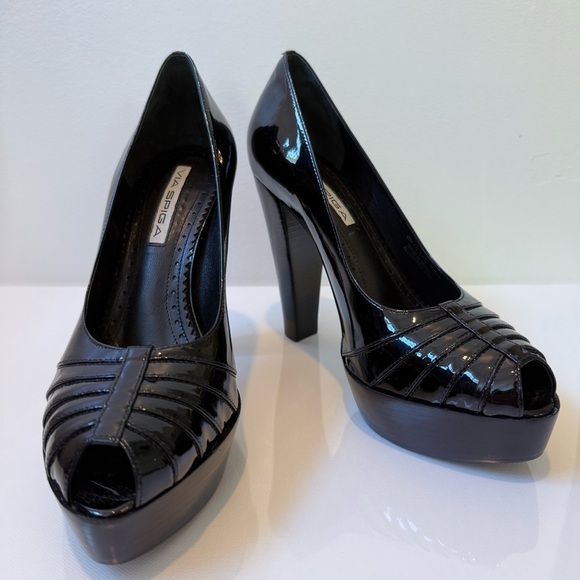VIA SPIGA Black Patent Leather Platform Peep Toe Heels 7.5 - Picture 11 of 13